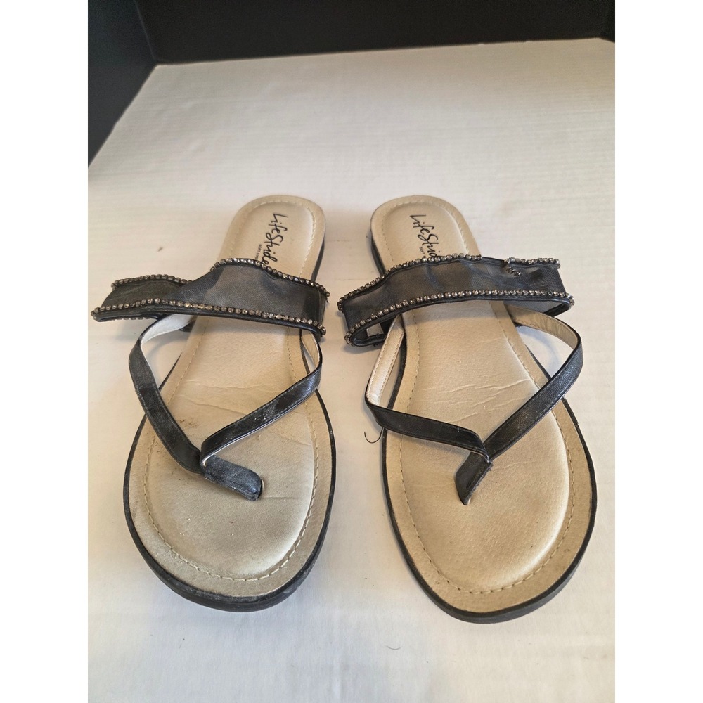 LifeStride Soft System Black Rhinestone Mesh Bow Thong Sandals Womens 8.5W